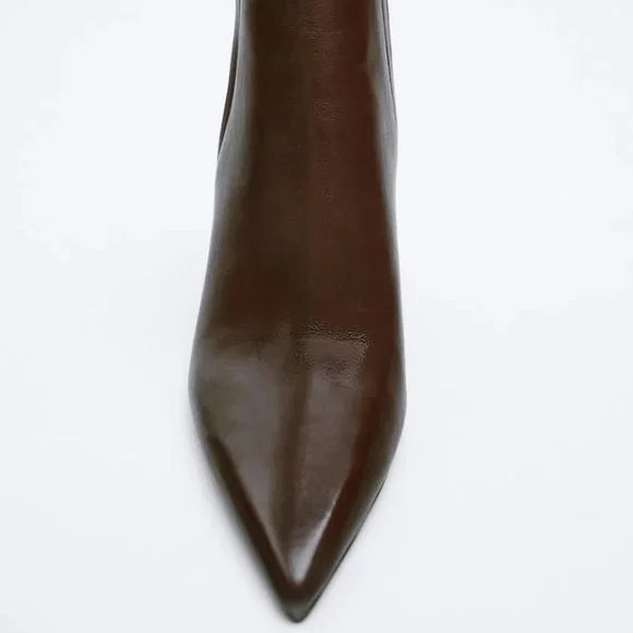 NWT Brown Pointed Toe Wedge Heel Leather Ankle Boots w/ Gold Details, 8 - Picture 3 of 5